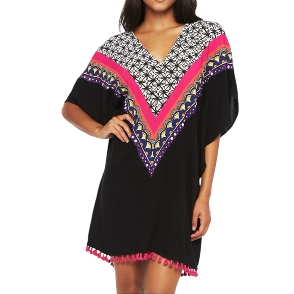NWOT Trina Turk Tanzania Pom-Pom Black Multicolored Cover-Up Size Small